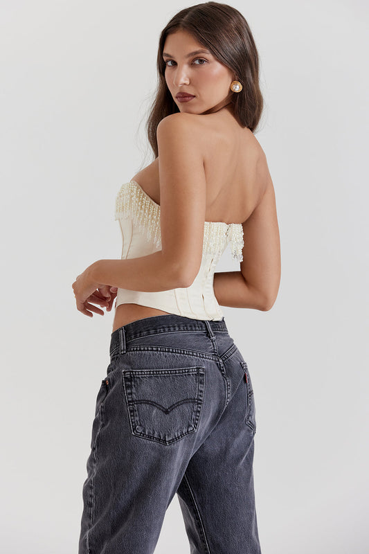 Helisabeth - Vintage Crème Korset met Parelversiering