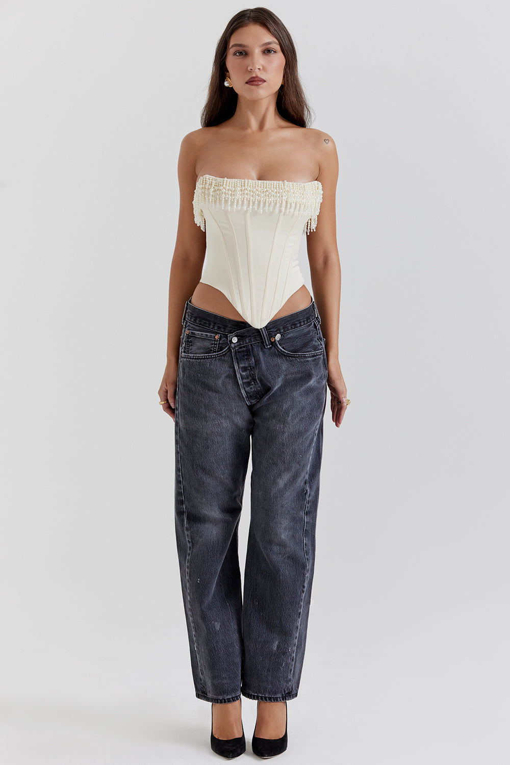 Helisabeth - Vintage Crème Korset met Parelversiering