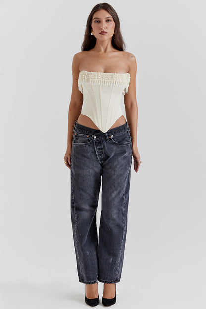 Helisabeth - Vintage Crème Korset met Parelversiering