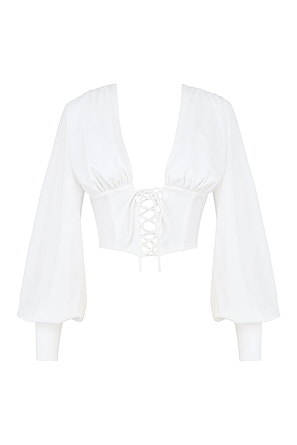 Havindra - Witte Cropped Top met Diepe Hals en Veterdetail