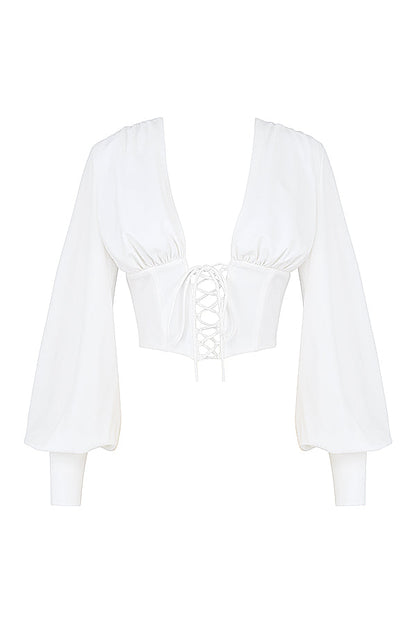 Havindra - Witte Cropped Top met Diepe Hals en Veterdetail