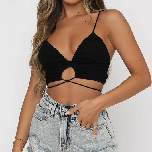 Havienna - Zwarte Cut-Out Crop Top met Strikdetails