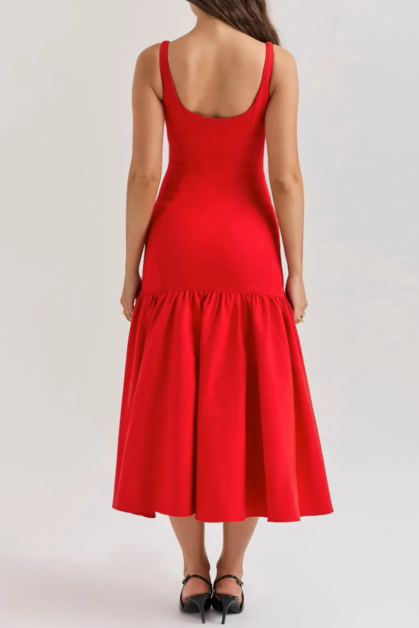 Eveline - Charmante Mouwloze Midi Jurk met Ruches