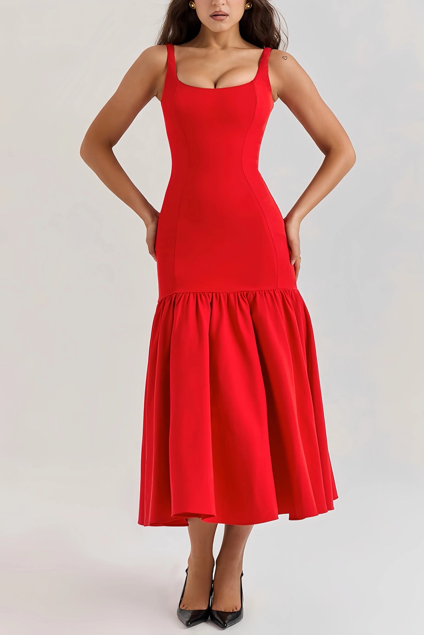 Eveline - Charmante Mouwloze Midi Jurk met Ruches