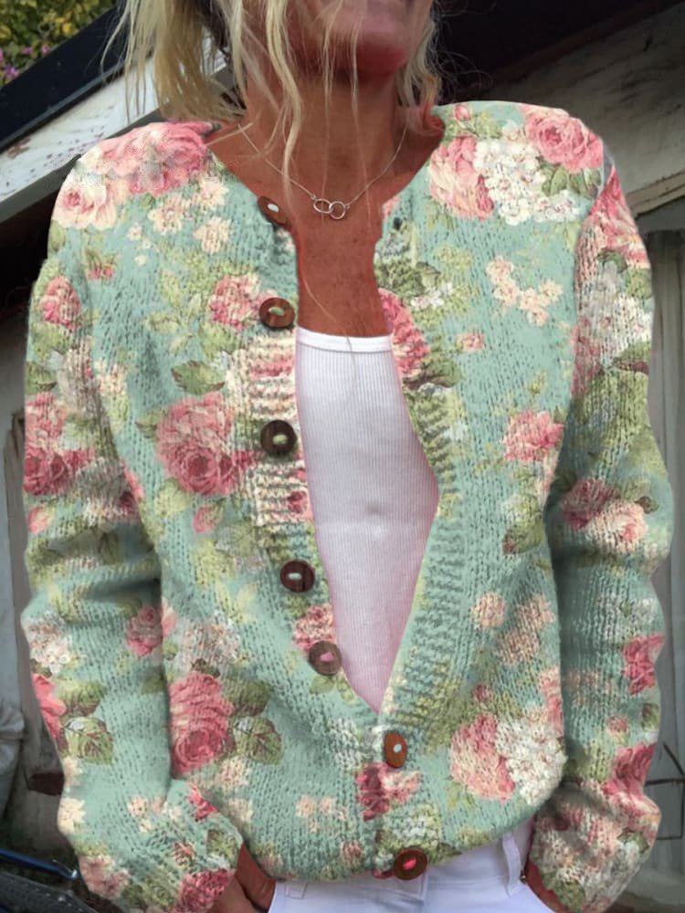 Gebreide Cardigan met Knopen en Bloemenprint – Comfortabele Damestrui voor Alle Seizoenen