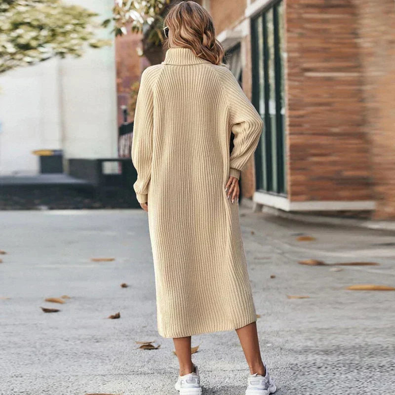 Dames Gebreide Midi Jurk met Lange Mouwen – Zwart, Casual Jurk voor Herfst en Winter
