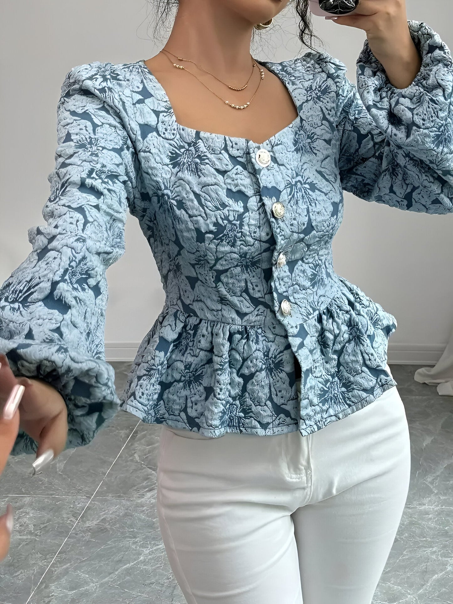 Bijou - Jacquard Blouse met Sweetheart Hals