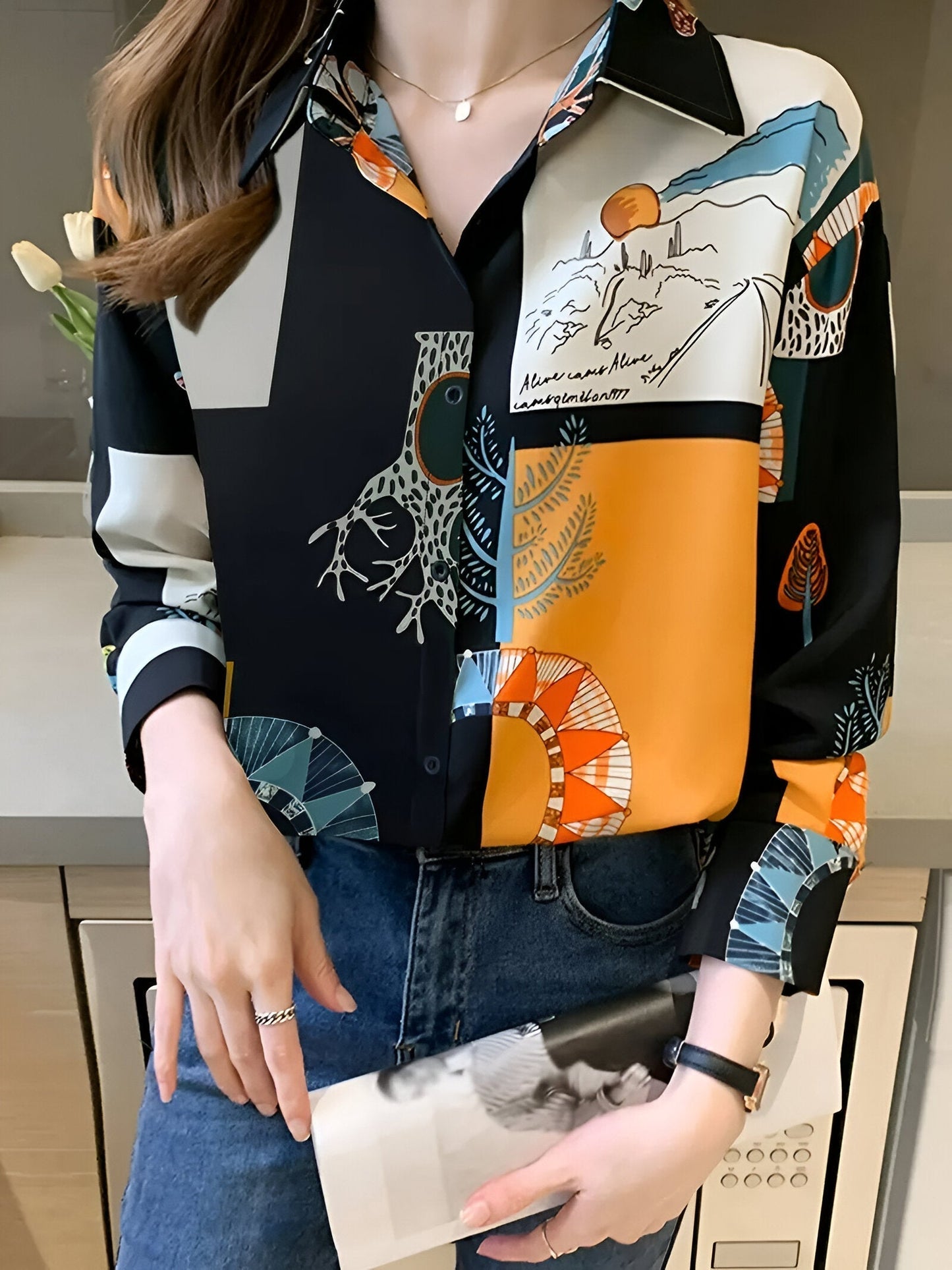 Birdie - Vintage Blouse met Natuurprint