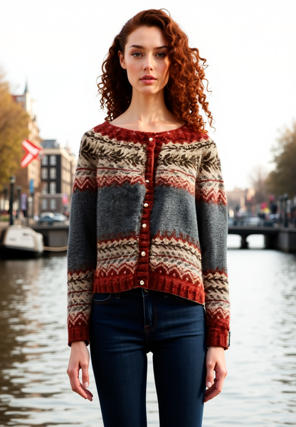 Grijze-Wollen Cardigan met Noors Design – Warme Scandinavische Stijl voor Dames