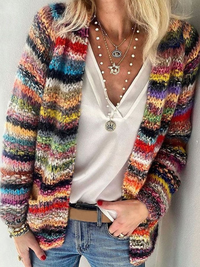 Dames Gebreid Vest – Multicolor Cardigan, Casual voor Herfst en Winter