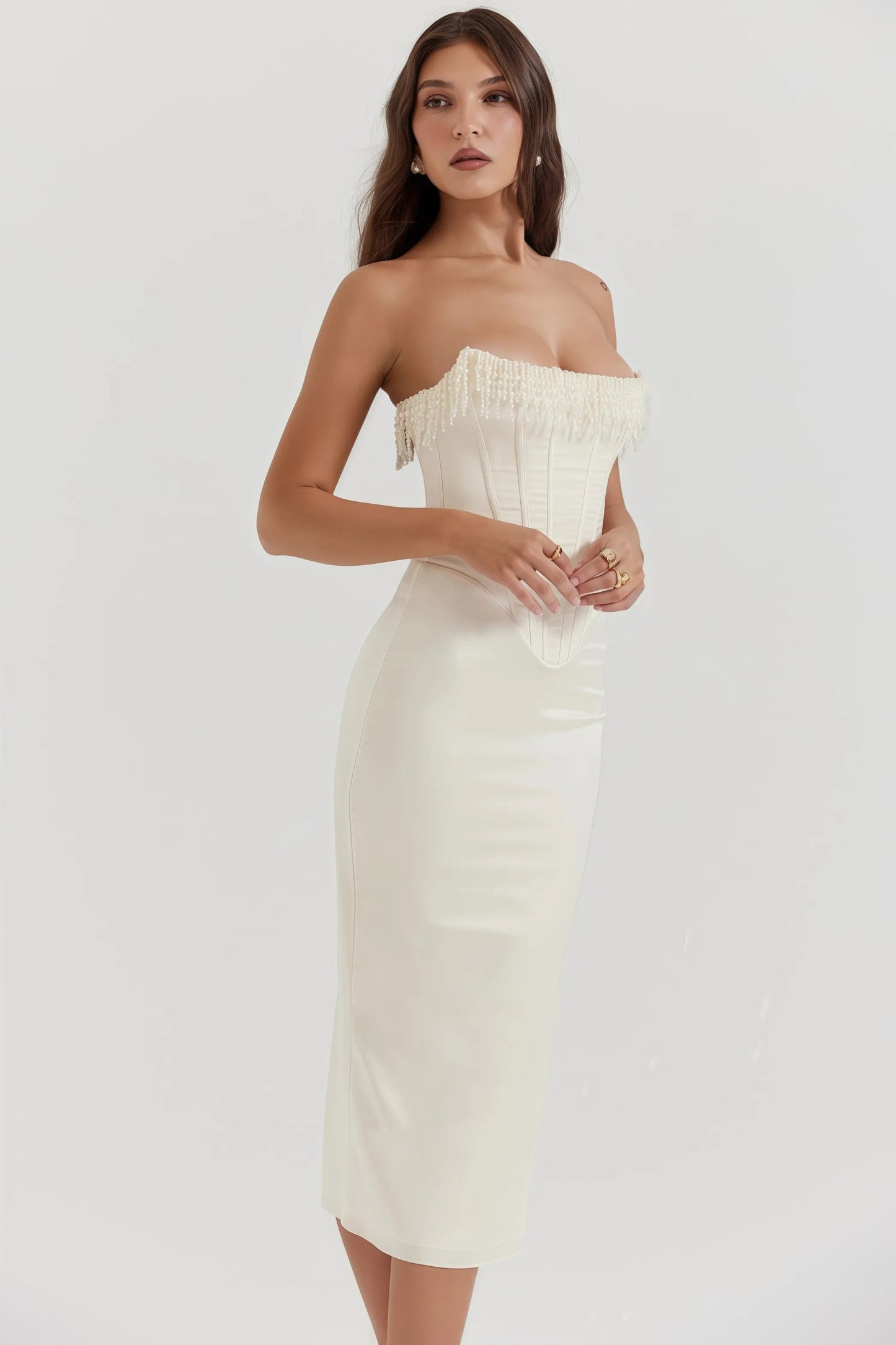 Milou - Crèmekleurige Strapless Midi-Jurk
