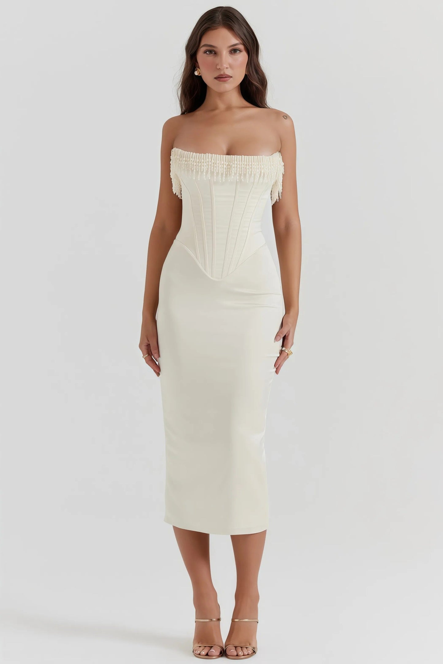 Milou - Crèmekleurige Strapless Midi-Jurk