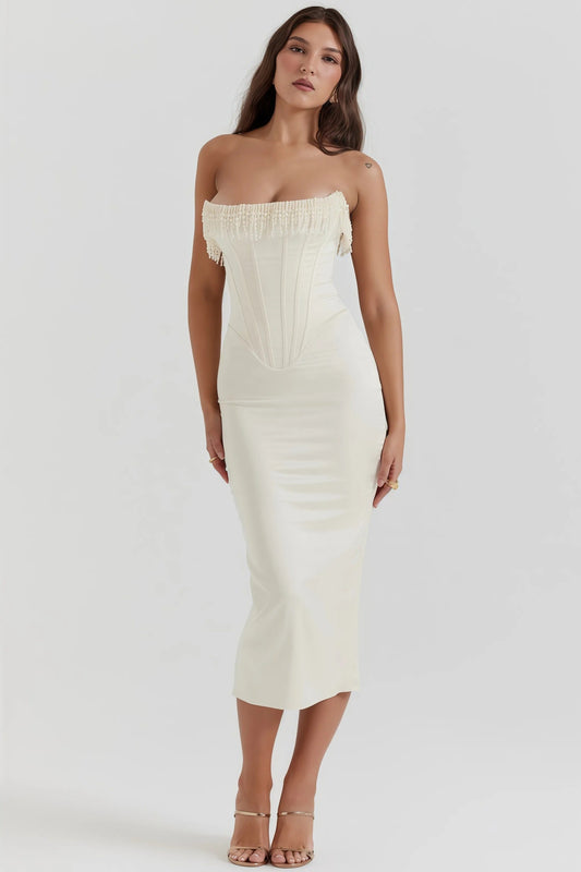 Milou - Crèmekleurige Strapless Midi-Jurk
