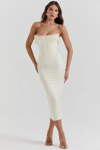 Milou - Crèmekleurige Strapless Midi-Jurk