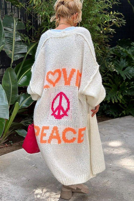 Giulietta - Vintage Oversized Cardigan met "Love & Peace" Bedrukking