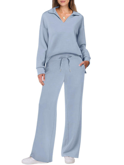 Dames Luxe Loungewear Set – Comfy V-hals Top en Broek van Zacht Katoen, Perfect voor Thuis en Ontspanning